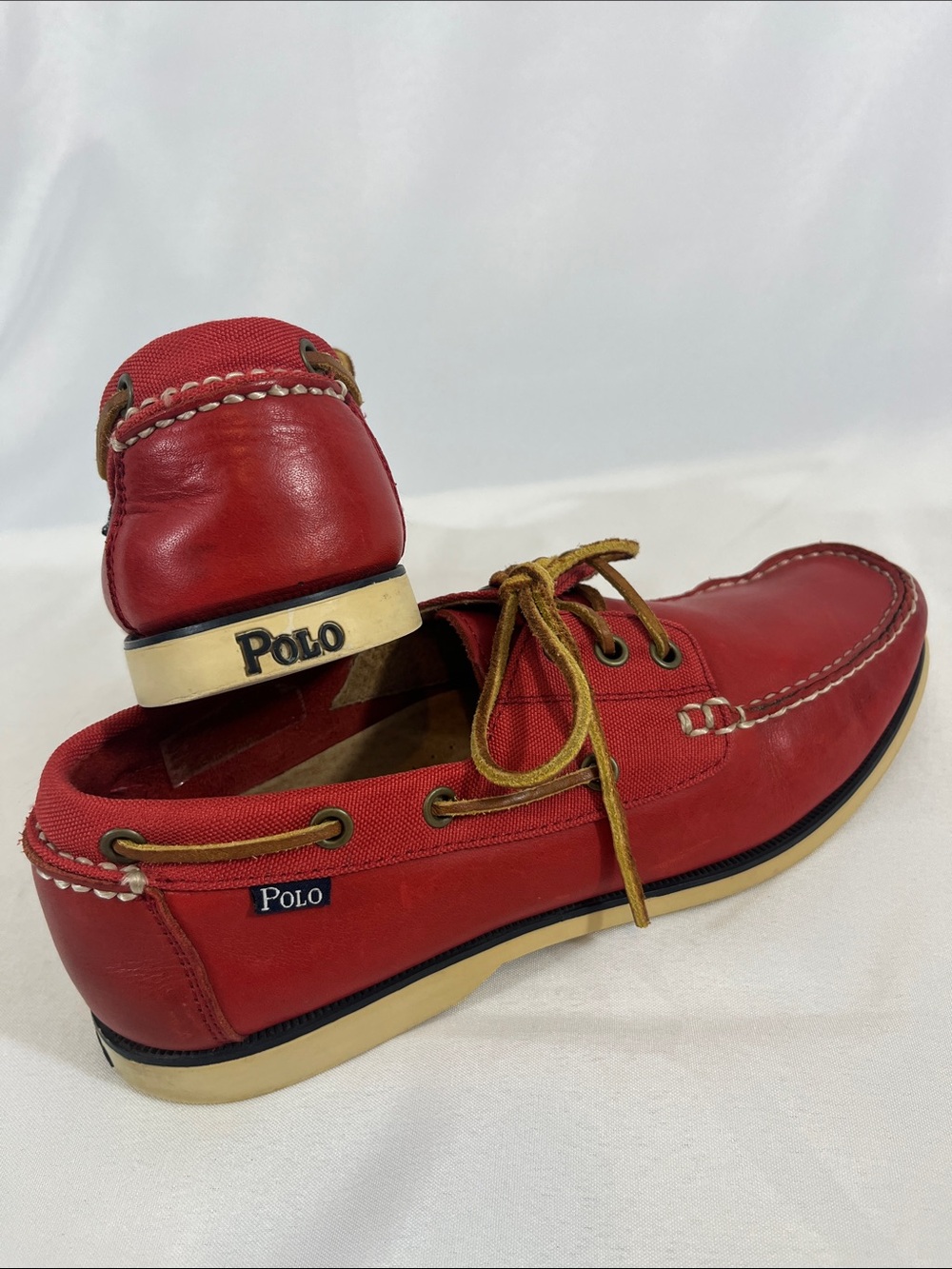 POLO Bienne Red Leather Boat Shoes, Tan Laces Mens 9D by Ralph Lauren